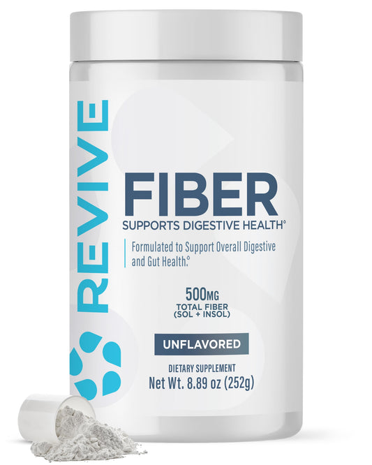Revive MD Fiber bottle front with unflavored formula for digestive health support.
