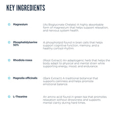 Bottle label detail emphasizes magnesium and L-Theanine ingredients.