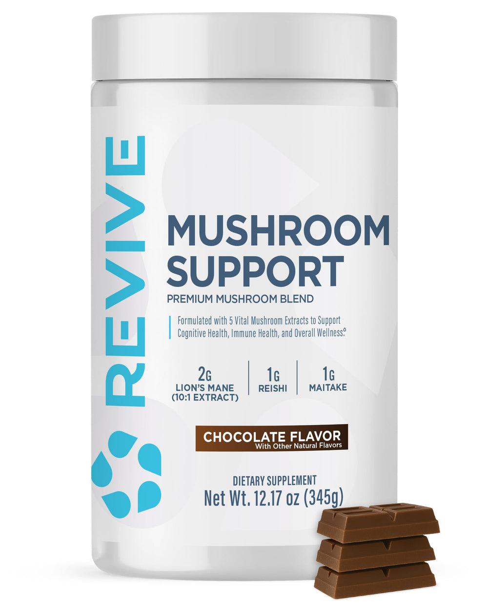 Revive MD Mushroom Powder Chocolate bottle pour supports daily focus