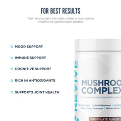 Revive MD Mushroom Powder Chocolate close-up on label highlights gluten-free formula