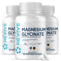 Revive MD Magnesium Glycinate 200mg bottle highlighting high absorption support for relaxation.