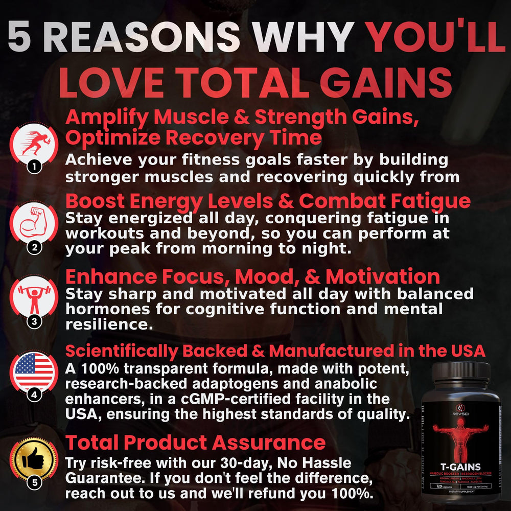 Label closeup of Revolution Science T-GAINS bottle highlighting energy and endurance support.