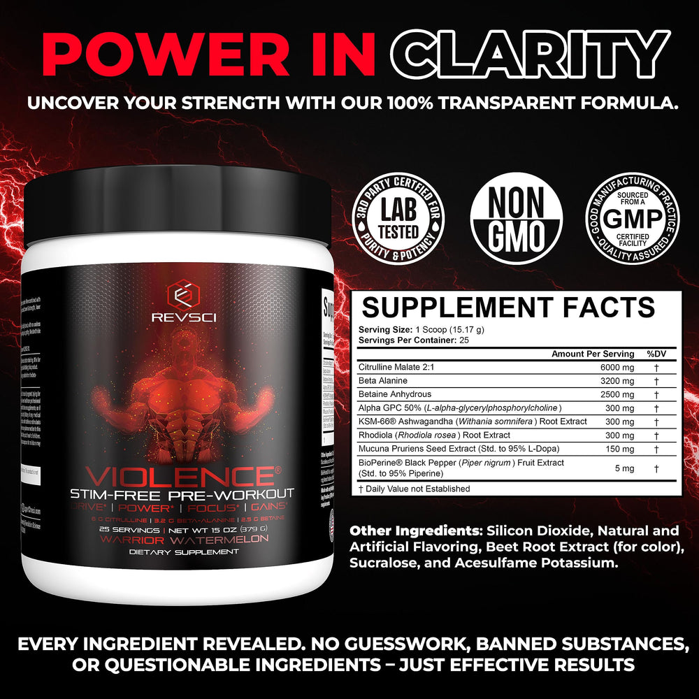 Violence Stim Free beta-alanine and betaine on display for endurance benefits.