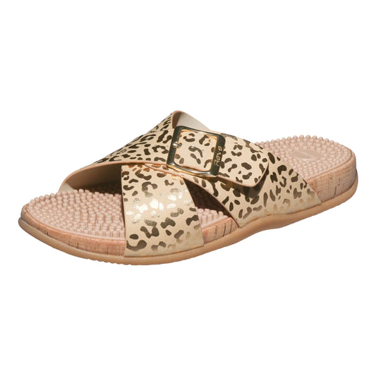 Revs Arkaig cross-strap sandal in gold cheetah elevates style with reflexology nodules for daily foot massage