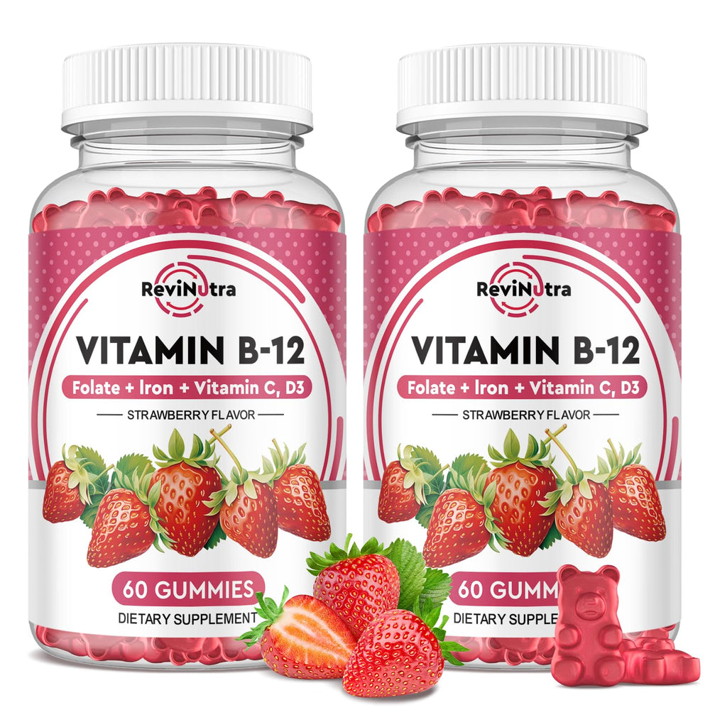 ReviNutra Vitamin B12 Gummies bottle highlighting strawberry flavor for daily energy support.
