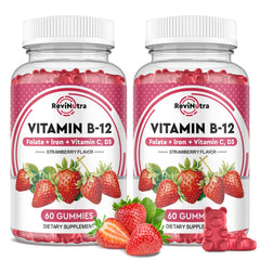 ReviNutra Vitamin B12 Gummies bottle highlighting strawberry flavor for daily energy support.
