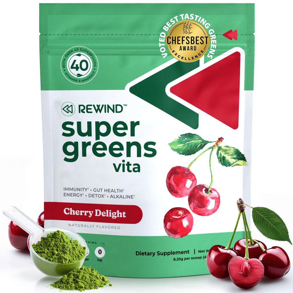 Rewind super greens bottle pour for convenient daily nutrition on the go.