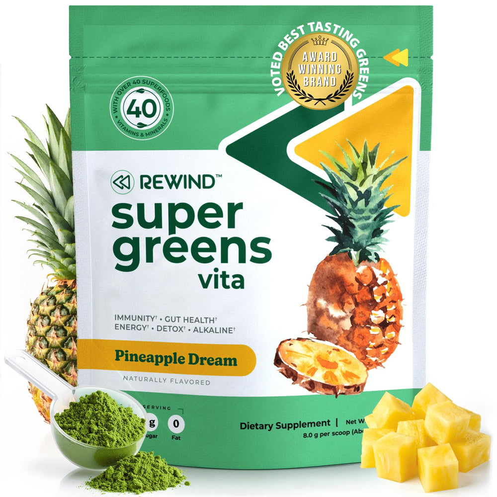 Rewind Pineapple Super Greens bottle ready for a daily greens ritual and energy boost.