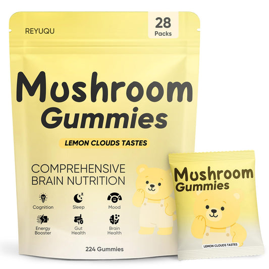 REYUQU Lions Mane Gummies bottle front shows potency and a clean label for cognitive support.