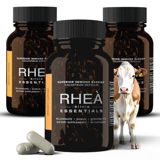 RHEASILVIA Rhea bovine colostrum bottle for daily immune and gut support.