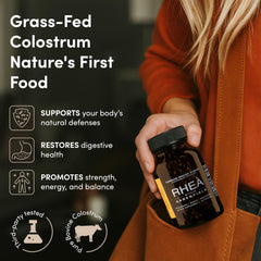 RHEASILVIA Rhea capsules closeup highlighting easy-to-swallow digestive support.