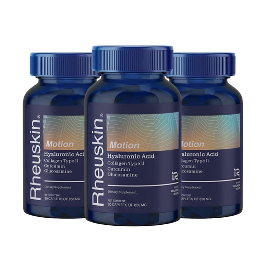 Rheuskin Motion 3 Pack bottle caplets for joint comfort and daily flexibility.
