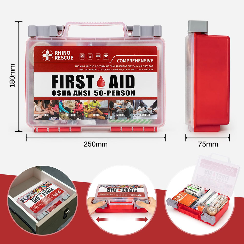 RHINO RESCUE 266-piece first aid kit lid open showing organized compartments for emergencies.
