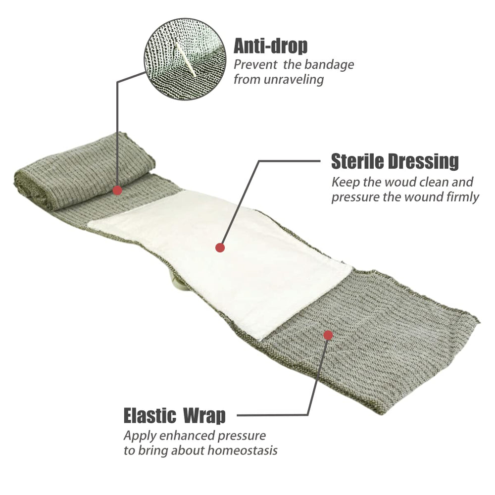 RHINO RESCUE all-in-one trauma bandage design with integrated dressing and closure for quick care.