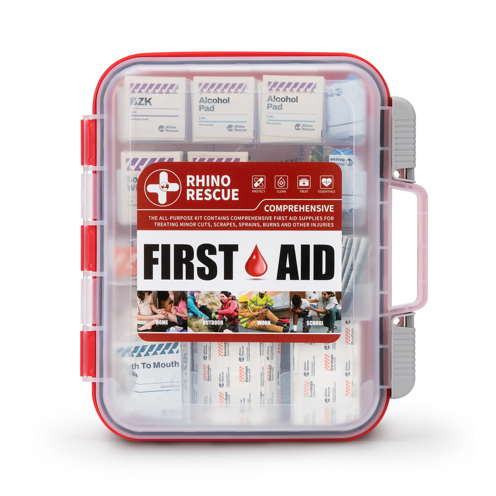 Rhino Rescue 371-piece first aid kit front view showing organized supplies