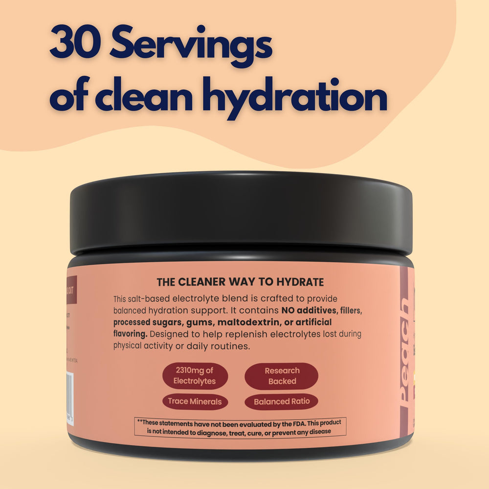 Rhovive electrolyte powder peach scoop beside bottle for quick daily hydration