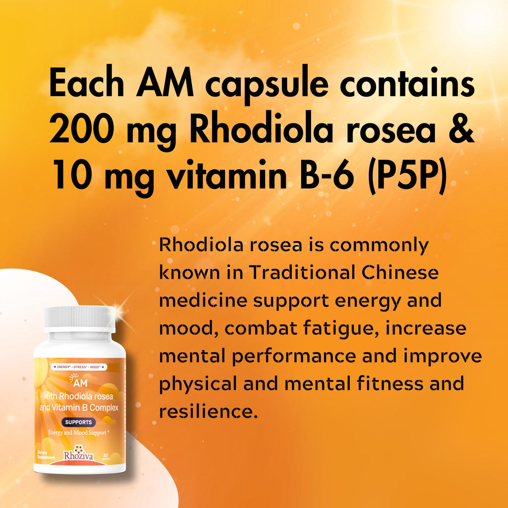 Rhoziva AM PM with Rhodiola Rosea emphasizes daytime vitality for busy schedules.