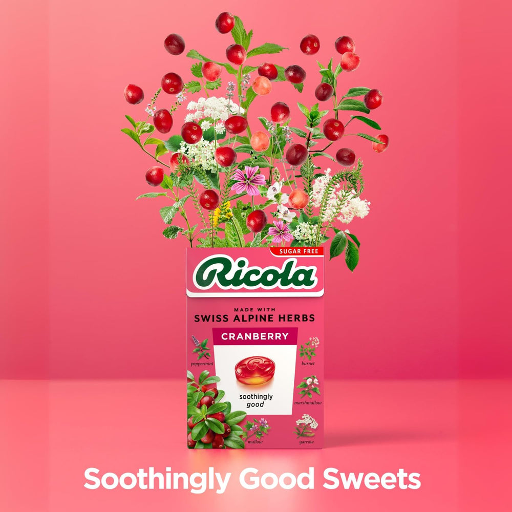 Ricola Cranberry SF Lozenges box back detailing ingredients and the 13-herb blend.
