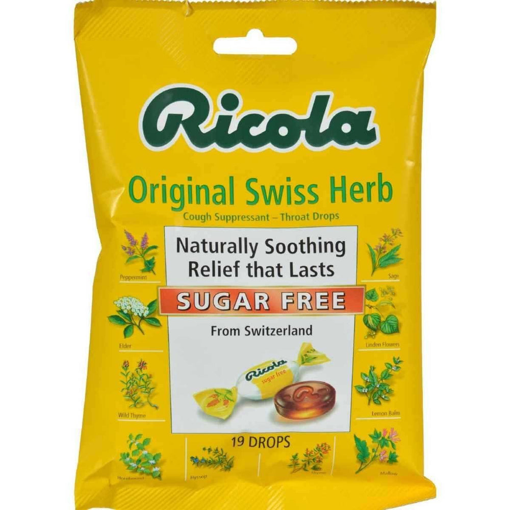 Ricola Sugar-Free Original Swiss Herb Cough Drops with Swiss herbs provide natural throat relief.