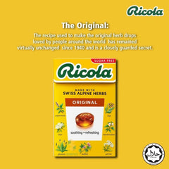 Ricola sugar free herb drops close up show Stevia sweetness and herbal blend.