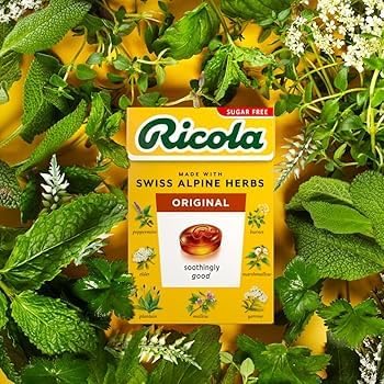Ricola sugar free herb drops box on shelf reflects Swiss heritage.