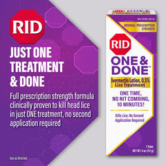 RID One & Done lotion bottle on display for convenient, one-step lice care.