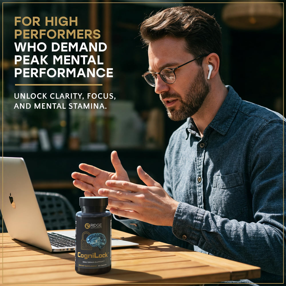RIDGE SUPPLEMENTS CogniLock capsules close-up for daily focus support.