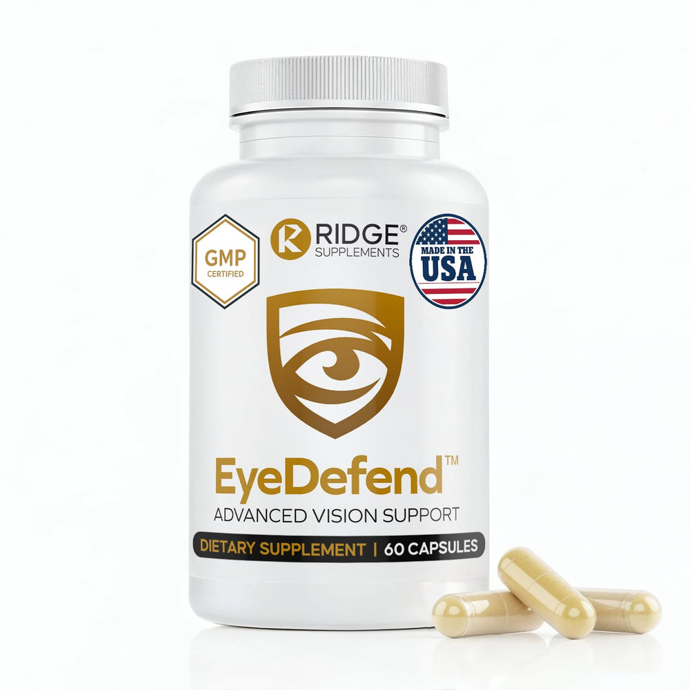 RIDGE EyeDefend bottle highlighting macular health and visual clarity.