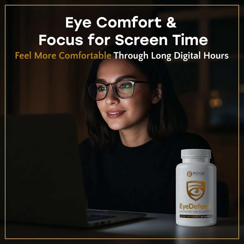 RIDGE EyeDefend bottle features Vitamin A and zinc for daily eye function.
