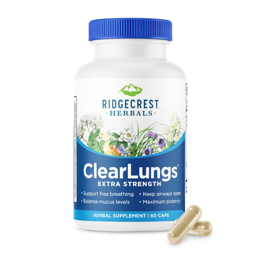 RidgeCrest ClearLungs bottle front with daily vegan capsules for respiratory support.