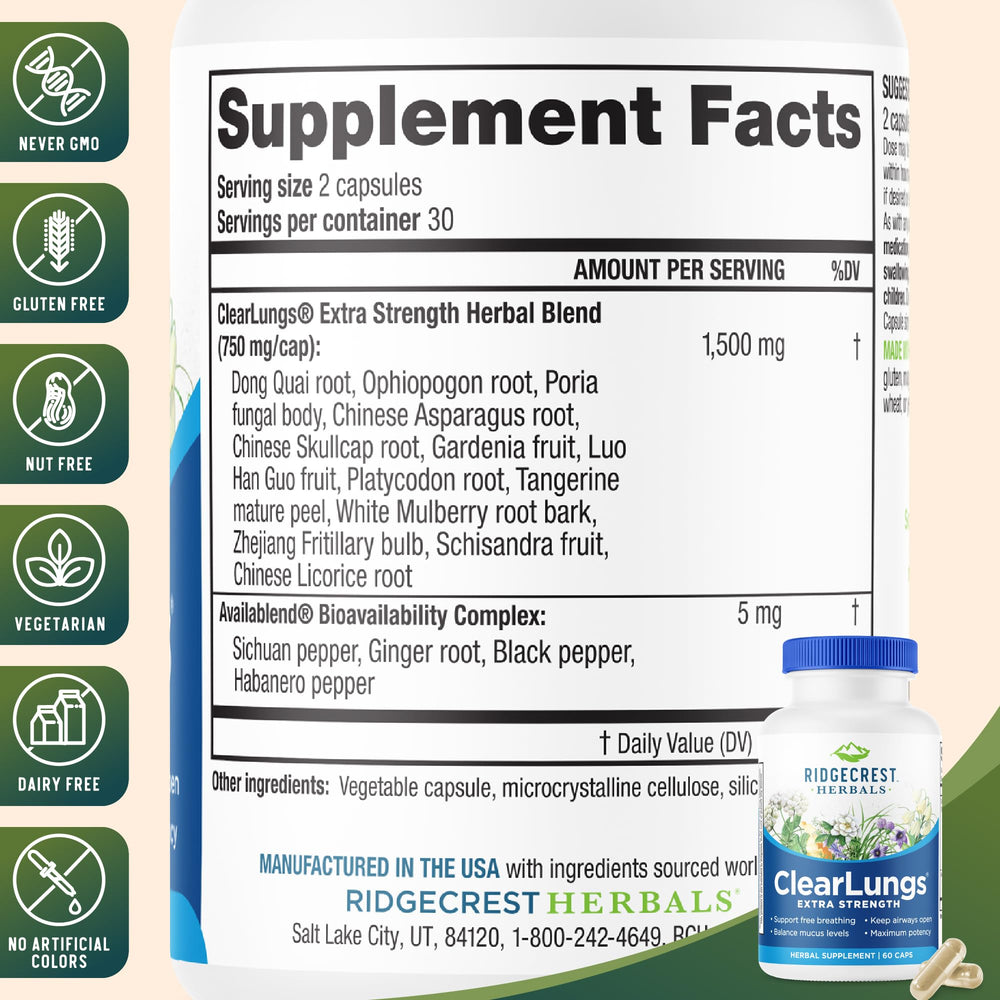 RidgeCrest ClearLungs capsules close-up showing non-drowsy daily supplement.