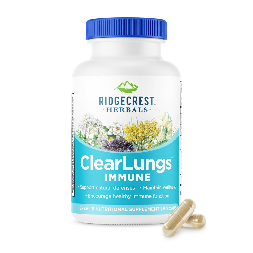 RidgeCrest ClearLungs Immune bottle label highlighting the lung-support blend