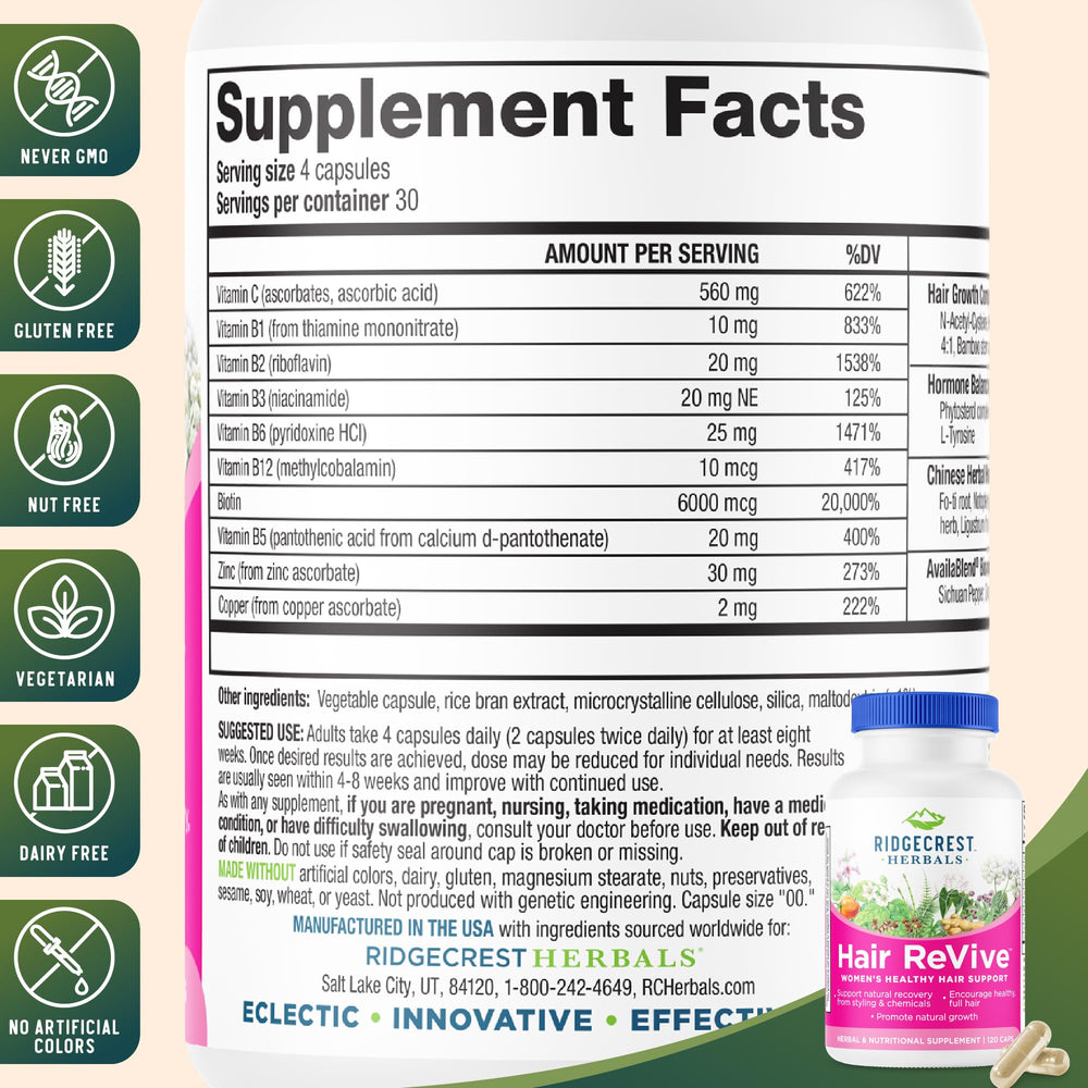 RidgeCrest Hair ReVive label showing ingredients for overall vitality