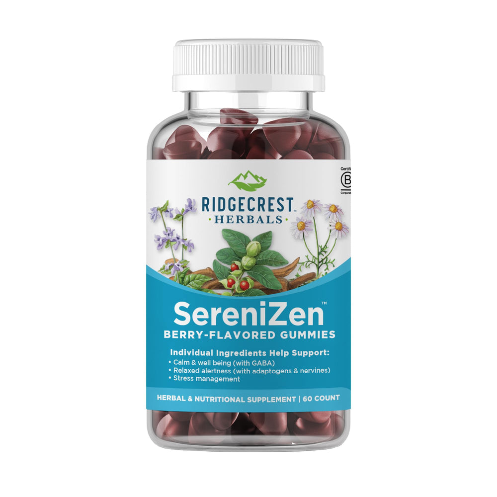 RidgeCrest SereniZen gummies bottle shown for daily calm support.
