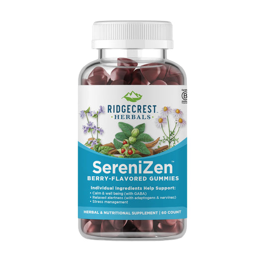RidgeCrest SereniZen gummies bottle shown for daily calm support.