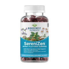 RidgeCrest SereniZen gummies bottle shown for daily calm support.