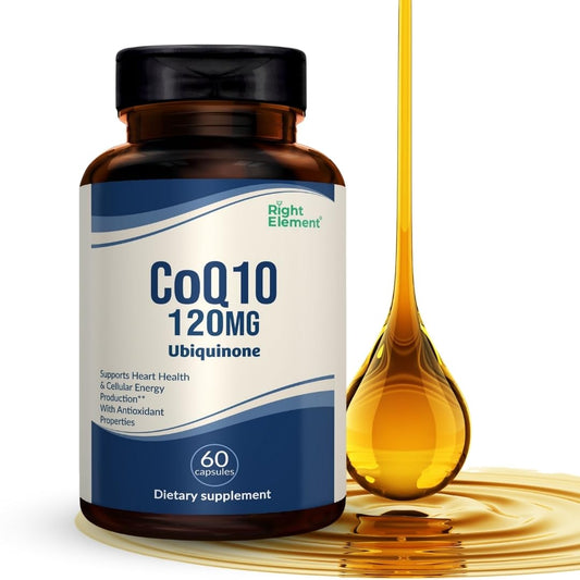 RIGHT ELEMENT CoQ10 120mg bottle showcases compact capsules for daily energy support.