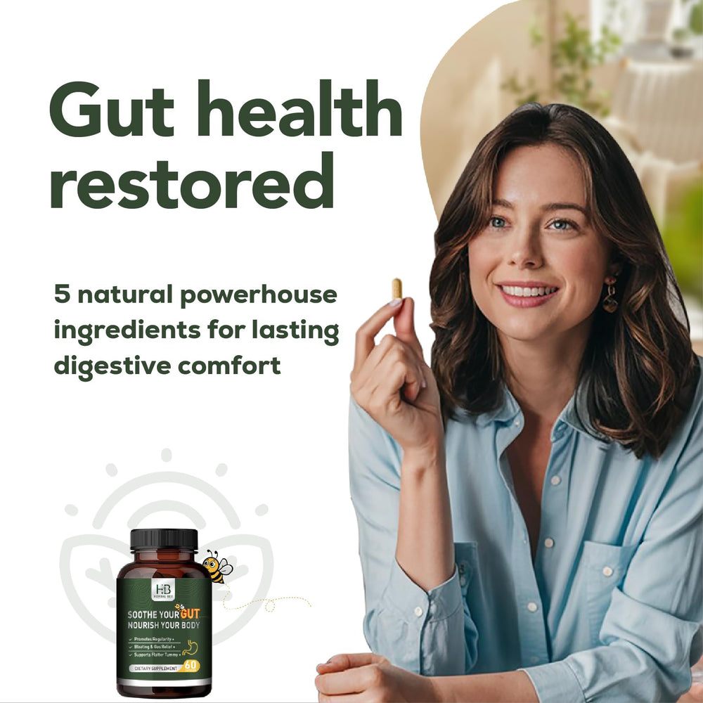 Close-up of Rigma Herbal BEE Gut Health capsules signaling gut support
