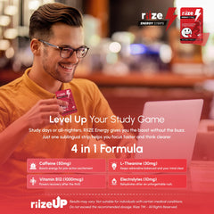 Close-up of Riize ingredients highlighting caffeine and B12 for quick support.