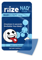 Riize NAD+ Strips packaging shown for travel and pocket convenience