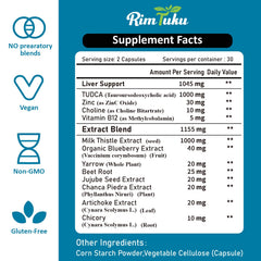 RimTuku TUDCA Milk Thistle packaging highlights the 12 in 1 formula and 180 capsules.