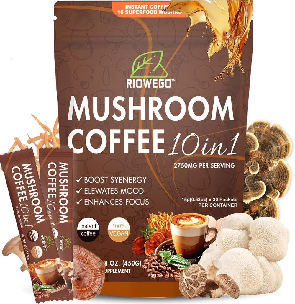 RIOWEGO mushroom coffee packaging showing the 10-in-1 blend for daily use.