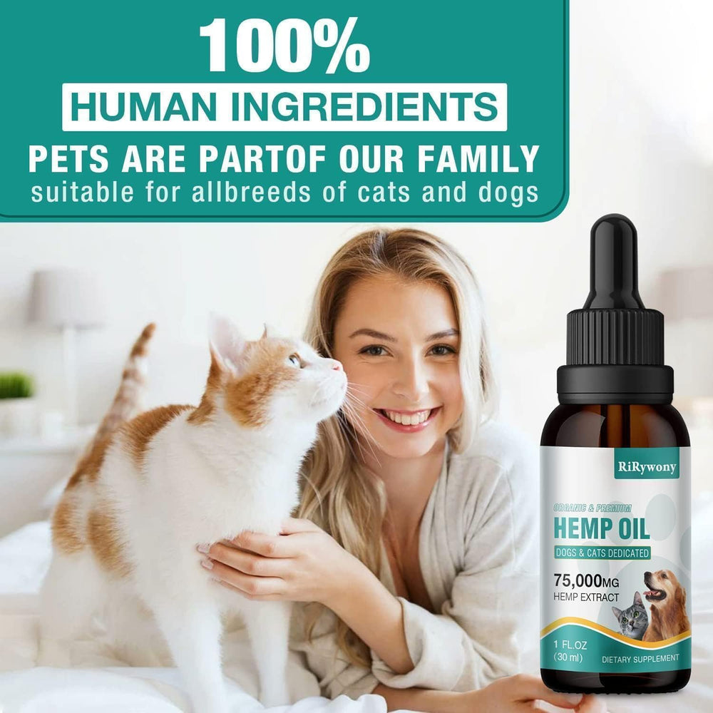 RiRywony Health Omega Oil shown with a dog, illustrating simple everyday dosing.