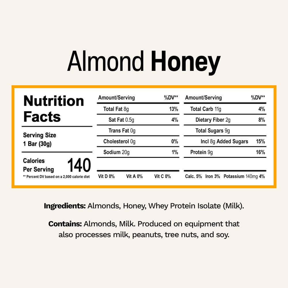 Rise Minis Almond Honey bar ingredients visible as simple, quality whole foods.