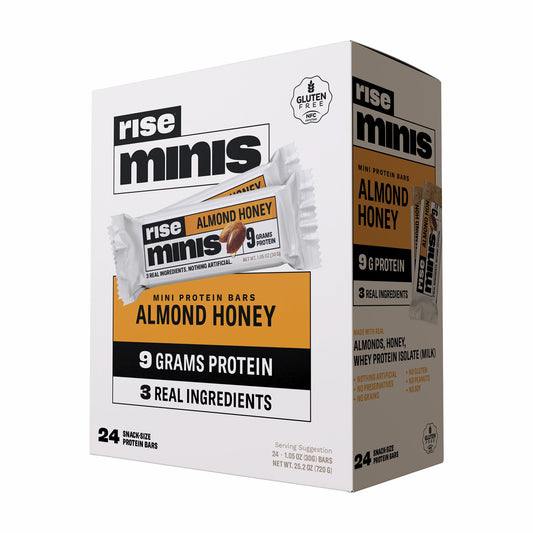 Rise Minis Almond Honey bar packaging shows a clean, protein-packed snack on the go.