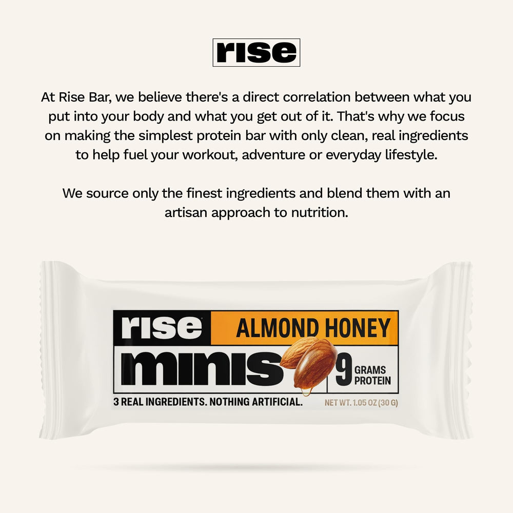 Rise Minis Almond Honey bar with coffee demonstrates convenient morning energy.