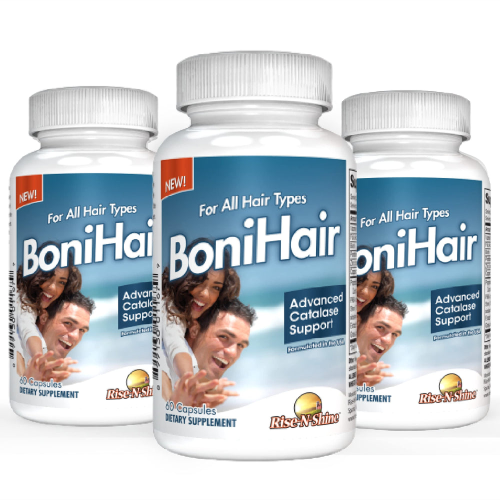 Rise-N-Shine BoniHair Catalase bottle front with 180 capsules for daily hair vitality