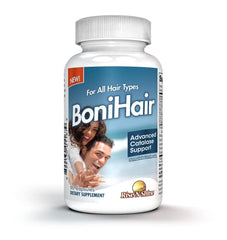 Close-up of Rise-N-Shine BoniHair Catalase label highlighting 10,000 IU catalase and ingredients