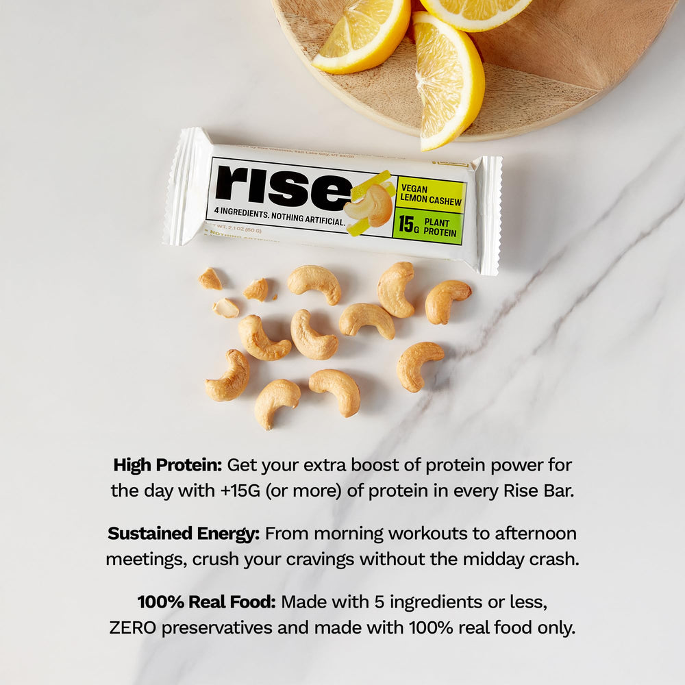 Lemon cashew Rise bar, 15g pea protein per serving for athletes