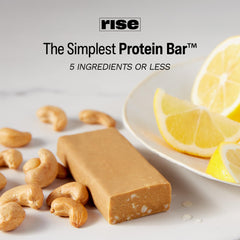 Rise Pea Protein Bar stack showing ingredients, three-ingredient simplicity